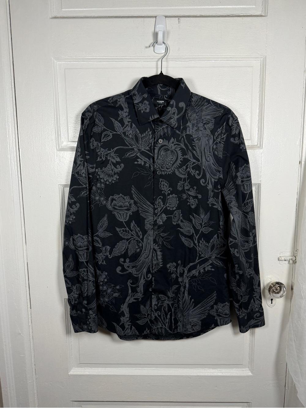 Express Men's Black Floral Paisley Print Button Up Shirt Slim 1MX Flip Cuffs Sm